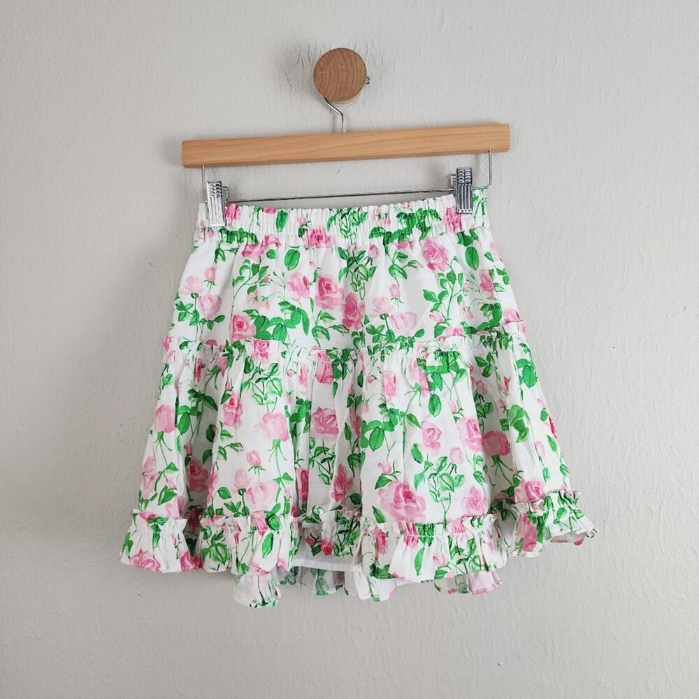 Hill House The Paz Skirt Pink Roses Floral Linen Ruffle Mini Skirt NWT Small S
